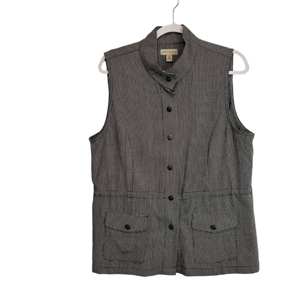 Appleseeds Plaid Check Black Cream Snap Button Sleeveless Vest Jacket Shirt M